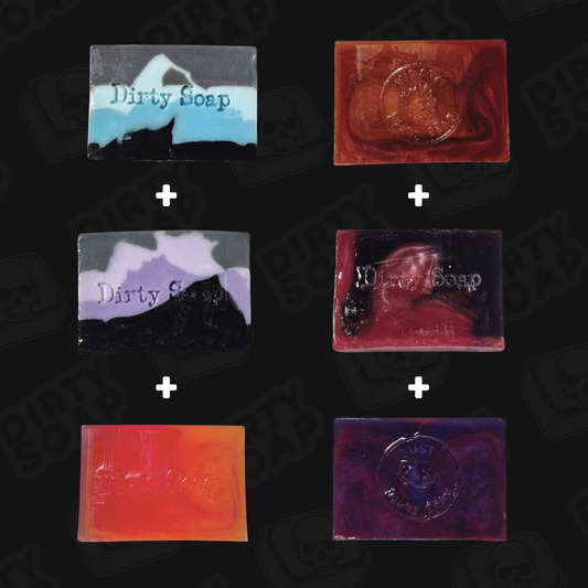 Mix & Match Bundle Builder: 6 Soaps + 1 FREE featuring colorful artisan soap bars with unique swirls and Dirty Soap branding. Ideal for gifting or personal use.
